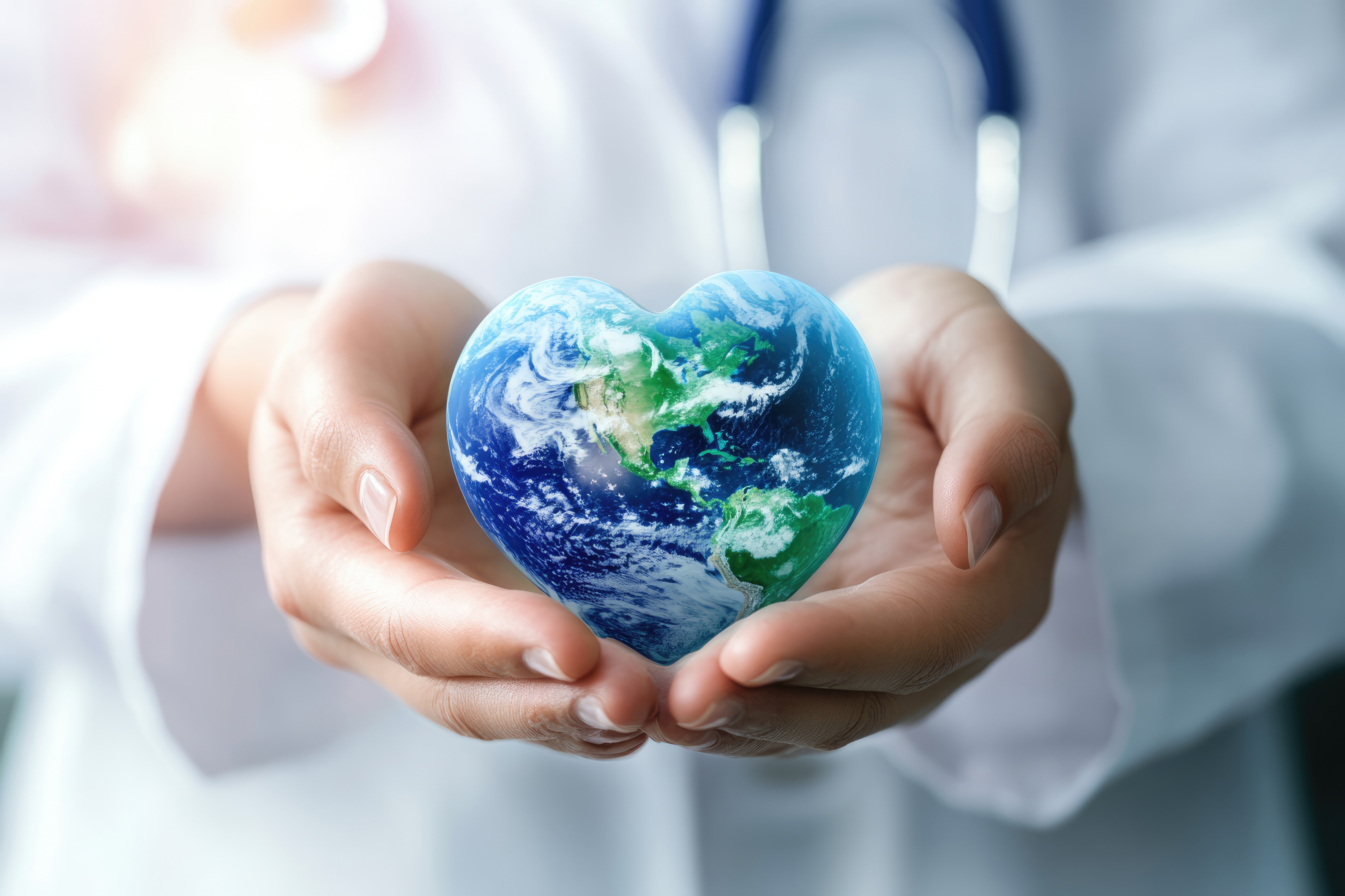 un ou une professionnelle de santé tient dans ses mains un cœur figurant la planète terre : les professionnels de santé prennent en compte l'environnement dans leurs pratiques professionnelles
