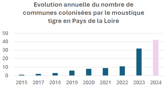  Graphique de l'évolution annuelle du nombre de communes colonisées par le moustique tigre en PdL (2015-2024)